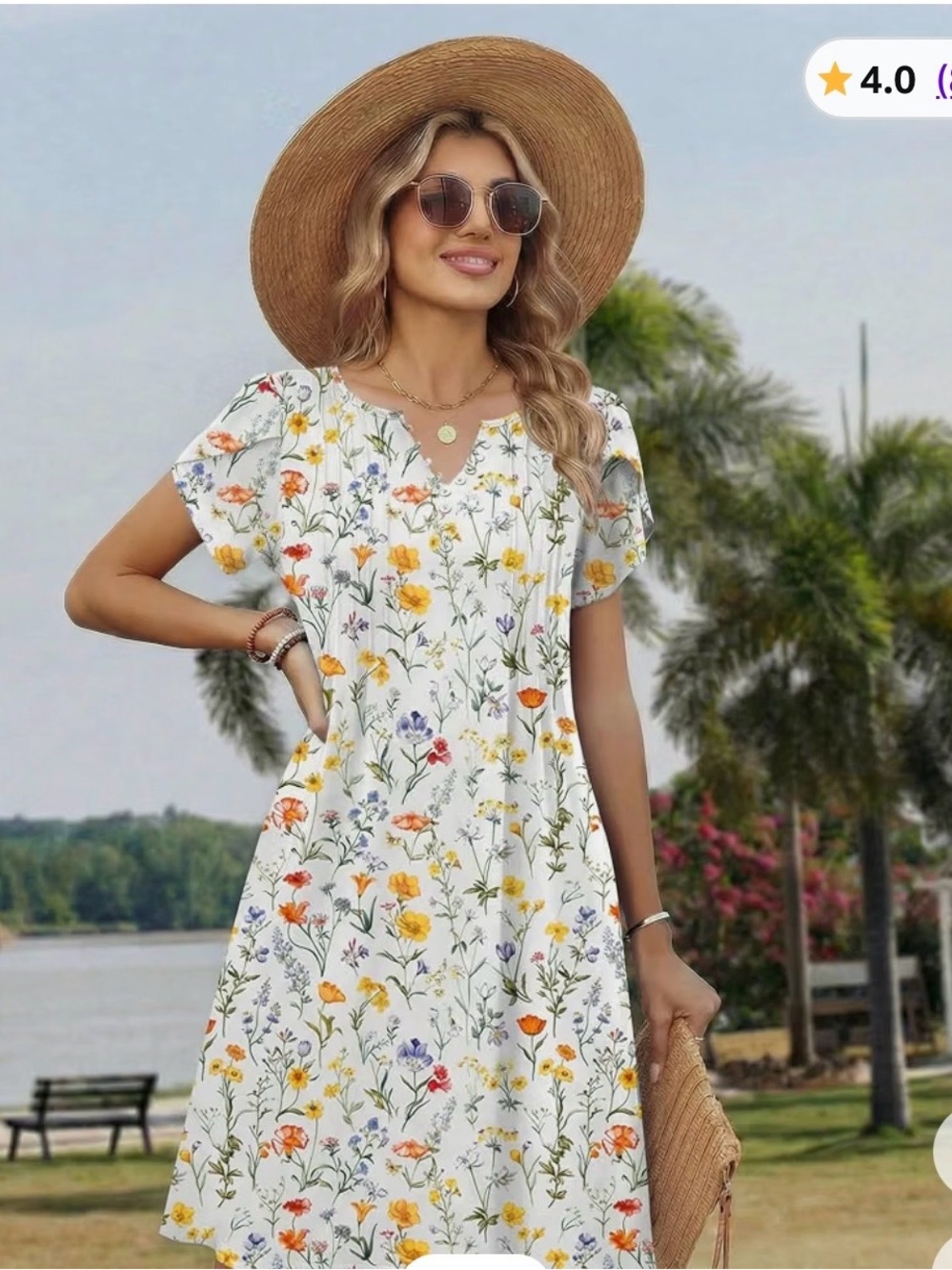 zeagoo White Floral V-Neck Midi Dress